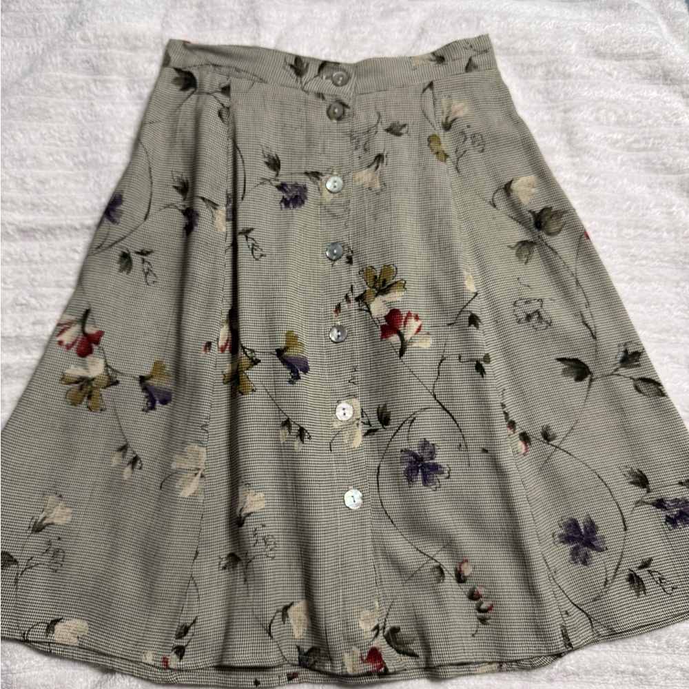 Clio A-Line Floral Button Skirt - Gray and Multicolor